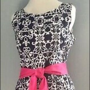 Stylish Navy/White Print Midi Dress with Bold Pink Sash, wedding, summer party